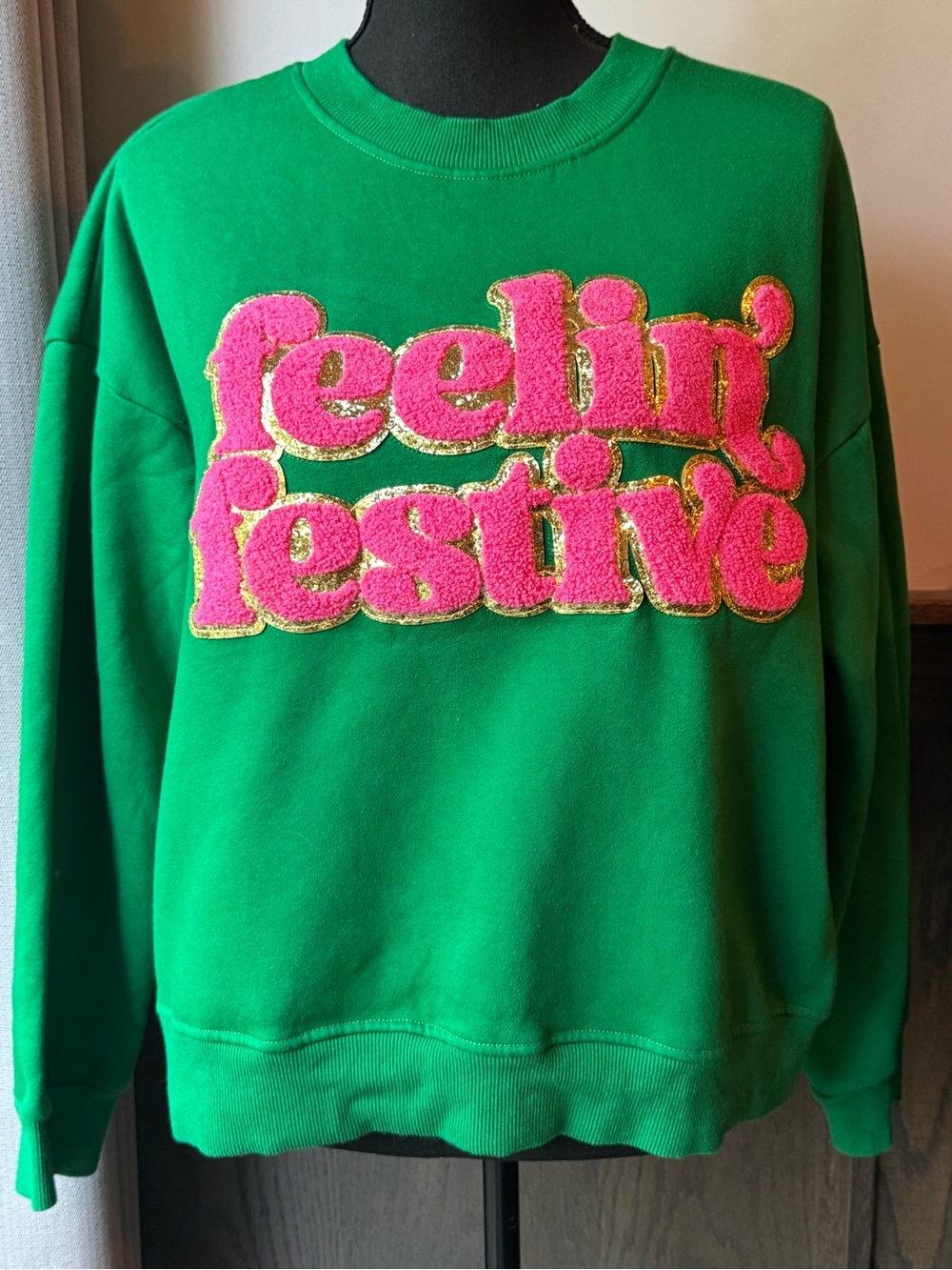 Kirklands Green Sweatshirt with Pink and Gold medium “feelin festive”